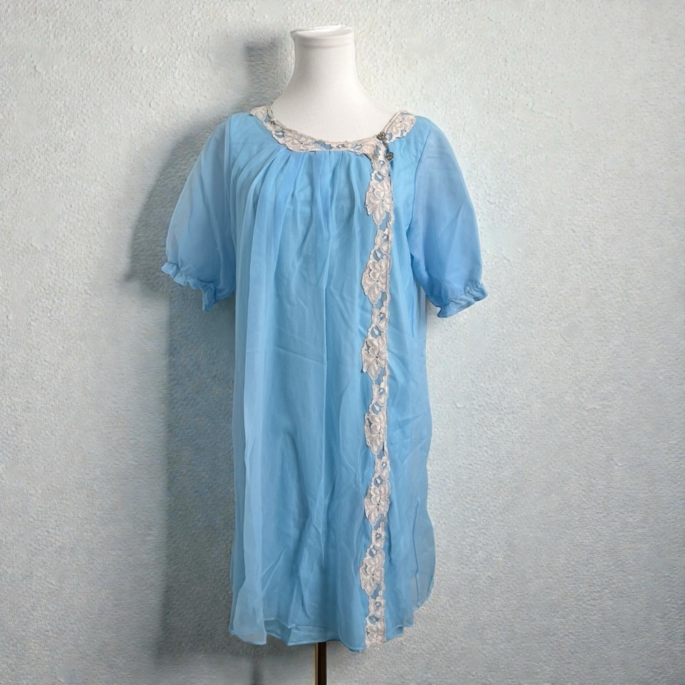 Vintage Blue Chiffon Nightgown / Sheer Lace Trim Dress – Fairycore romantic L/XL - Picture 1 of 5